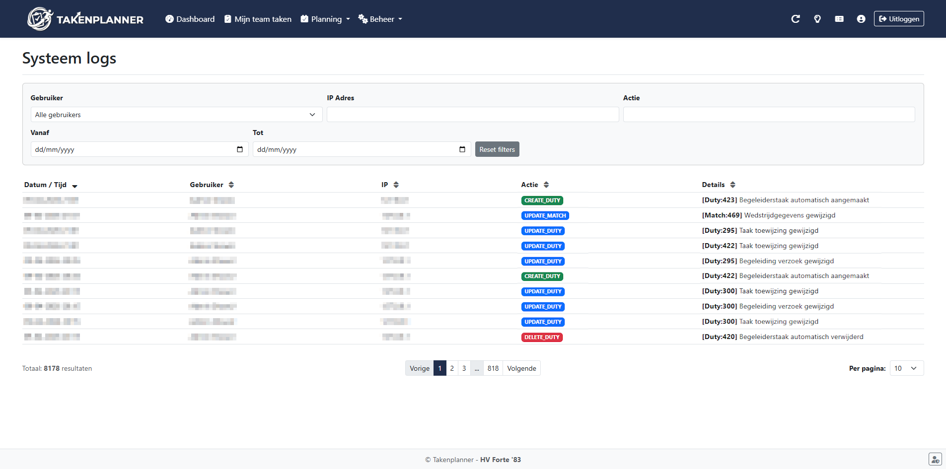 Takenplanner logs